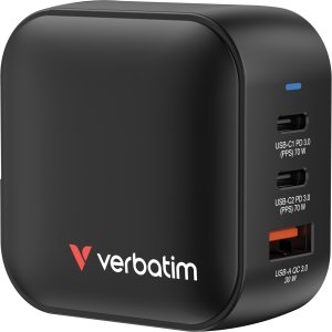 Verbatim Mini GaN Charger 70W 2xUSB-C PD, 1xUSB-A QC 3.0 32229 1