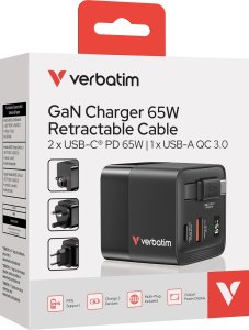 Verbatim, �adowarka GaN USB 3.0, USB C, szara, 65 W, wymienne wtyczki C, G, A, ze zintegrowanym kablem 9