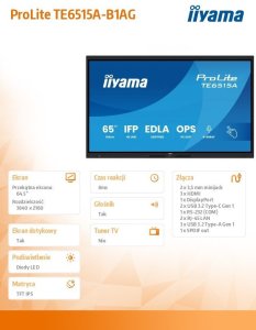 iiyama IIYAMA TE6515A-B1AG 65inch Stylish IFP iiWare21E 3840x2160 UHD IPS Android 14 16/128GB 2xHDMI DP 2xUSB-C VESA 600x400 21