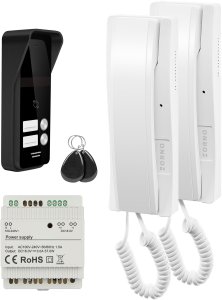 ENIR, zestaw domofonowy dwurodzinny, 2-żyłowy, zasilacz na szynę DIN, z czytnikiem breloków, biały 2