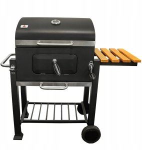 Duży Grill węglowy żeliwny ruszt 113,5x50x107 cm ogrodowy z drewnianą półką 2