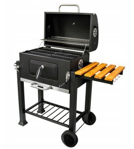 Duży Grill węglowy żeliwny ruszt 113,5x50x107 cm ogrodowy z drewnianą półką 3