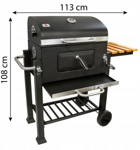 Duży Grill węglowy żeliwny ruszt 113,5x50x107 cm ogrodowy z drewnianą półką 5