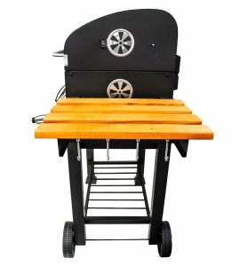 Duży Grill węglowy żeliwny ruszt 113,5x50x107 cm ogrodowy z drewnianą półką 7