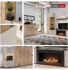 ASM Meble Szafka RTV CATALINA z biokominek Dąb Viking + Kaszmir RYFLOWANY front 160 4