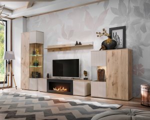 ASM Meble Szafka RTV CATALINA z biokominek Dąb Viking + Kaszmir RYFLOWANY front 160 7