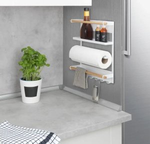 Wielofunkcyjna półka kuchenna MAGNA z uchwytem na ręcznik papierowy i haczykami, montaż bez wiercenia, WENKO 7