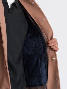 Jednorzędowy męski długi płaszcz z kołnierzykiem i podpinką  brązowy V2 OM-COWC-0106 S 6