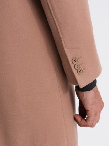 Jednorzędowy męski długi płaszcz z kołnierzykiem i podpinką  brązowy V2 OM-COWC-0106 S 10
