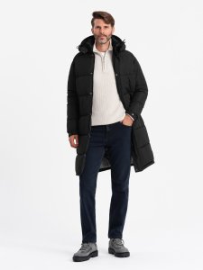 Pikowana długa męska kurtka z odpinanym kapturem  czarna V1 OM-JALJ-0190 M 4