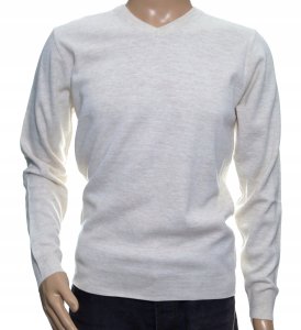 Sweter męski gładki z wełny wełniany w szpic serek niegryzący M ecru 1703 1