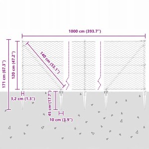 vidaXL Ogrodzenie heksagonalne Szary 1.2x10 m Stal, Słupki ogrodzeniowe z gwoździem 7 szt. 32 mm 140 cm stal ocynkowana 13