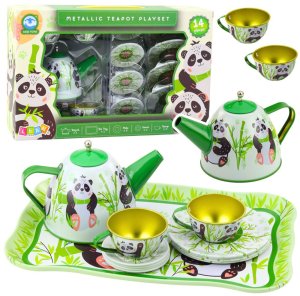 Zestaw Do Herbaty Metalowy Dzbanek Filiżanka Talerzyki Panda Zielony 14el 1