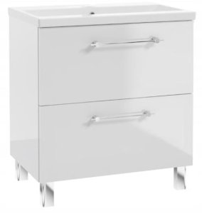 Zestaw Szafka łazienkowa z umywalką baterią i syfonem 80cm Stojąca biały połysk Cassandra 2