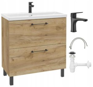 Szafka łazienkowa z umywalką baterią i syfonem 80x80cm Stojąca Dąb Craft Cassandra 1