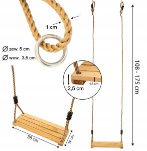 Drewniane Siedzisko Huśtawka na Plac Zabaw 38 cm pasy do zawieszenia zestaw 4