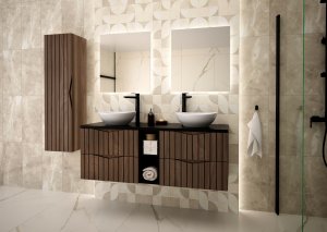 Ryflowana szafka łazienkowa STELLA z regałem i blatem 140 cm DĄB ORZECH 13