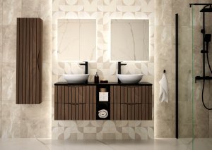 Ryflowana szafka łazienkowa STELLA z regałem i blatem 140 cm DĄB ORZECH 14