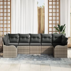 vidaXL Zestaw 7-częściowy sof ogrodowych z poduszkami Jasnoszary Polirattan 2