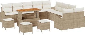 Zestaw Sof Ogrodowych vidaXL 14 Elementowy z Poduszkami Beżowy Poli Rattan Akacja 2