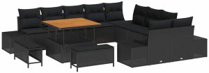 Zestaw 13-elementowy kanap ogrodowych vidaXL z poduszkami Czarny Polirattan Akacja 2