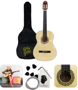 Zestaw: Gitara klasyczna 4/4 39" kolor naturalny GKS39NAT Golden Guitar+ pokrowiec tuner struny kostki one size 1