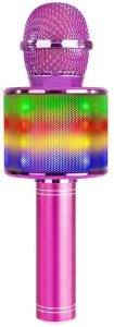 Mikrofon karaoke z głośnikami BT MP3 efekt LED różowy one size 2