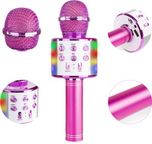 Mikrofon karaoke z głośnikami BT MP3 efekt LED różowy one size 8