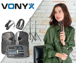 Zestaw nagłośnieniowy 300W 2x kolumna 10'' mikser mikrofon statywy Vonyx one size 2