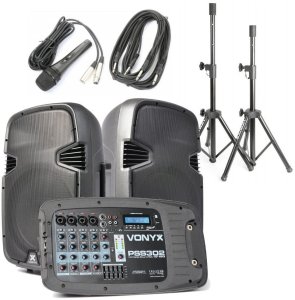 Zestaw nagłośnieniowy 300W 2x kolumna 10'' mikser mikrofon statywy Vonyx one size 3
