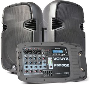 Zestaw nagłośnieniowy 300W 2x kolumna 10'' mikser mikrofon statywy Vonyx one size 4