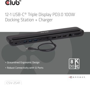 Club3D Dokovací stanice USB-C 12v1, 2xHDMI, 1xDP, 2xUSB-C, 3xUSB, 1xRJ45, 1x3.5mm, černá 3