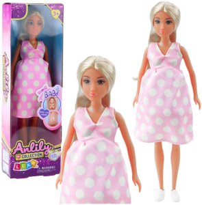 Lalka Anlily W Ciąży Jasno Różowa W Kropki Sukienka Długie Włosy LEAN Toys 1