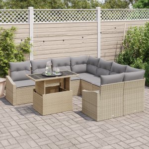 vidaXL 9-częściowy Zestaw Sofy Ogrodowej z Poduszkami Beżowy Polirattan 2