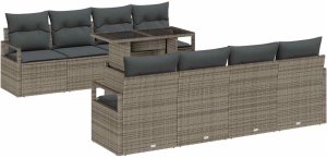 9-częściowy Zestaw Sofy Ogrodowej vidaXL z Poduszkami Szary Poli Rattan 2