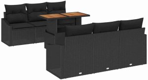 vidaXL Zestaw do Jadalni Ogrodowej 7-częściowy z Poduszkami Czarny Polirattan Akacja 2