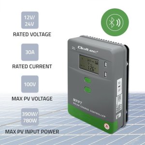 Ładowarka Qoltec Solarny regulator ładowania MPPT z czujnikiem temperatury 30A | 12V/24V | LCD | 2xUSB | Bluetooth | APP | GEL | LiFePO4 4