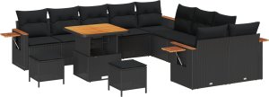 vidaXL 13-elementowy zestaw sof ogrodowych z poduszkami czarny polirattan akacja 2