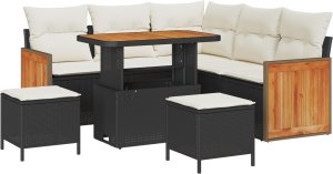 Zestaw Sofy Ogrodowej vidaXL 8-elementowy z Poduszkami Czarny Polirattan Akacja 2