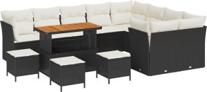 vidaXL Zestaw sofy ogrodowej 13-elementowy z poduszkami czarny Polirattan akacja 2