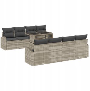 vidaXL 9-częściowy zestaw sofy ogrodowej z poduszkami jasnoszary polirattan 2