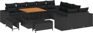 vidaXL 13-częściowy zestaw sof ogrodowych z poduszkami czarny polirattan akacjowy 2