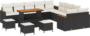 vidaXL 14-elementowy zestaw sof ogrodowych z poduszkami czarny polirattan akacja 2