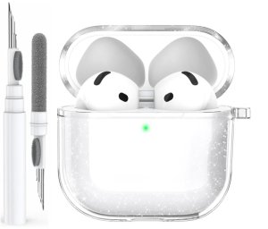 Etui przezroczyste z brokatem do Apple AirPods 4, z czyścikiem 1