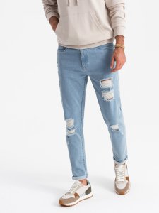 Washowane męskie jeansowe spodnie TAPERED FIT z przetarciami  błękitne V1 OM-PADP-0163 XL 1