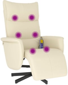 Rozkładany fotel masujący z podnóżkiem, kremowy, sztuczna skóra 7