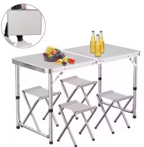 Zestaw Turystyczny Stolik Składany Kempingowy 4 Krzesła Szary LEAN 6