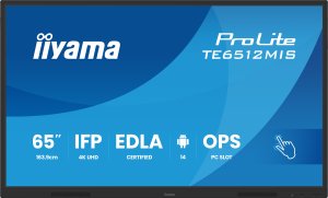 iiyama TE6512MIS-B4AG signage display Płaski panel Digital Signage 165,1 cm (65") LCD Wi-Fi 400 cd/m 4K Ultra HD Czarny Ekran dotykowy Procesor wbudowany Android 11 24/7 1