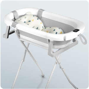 Ricokids Wanienka składana dla dzieci, niemowląt ze stelażem, termometrem i wkładką RK-287 biało-szara 9