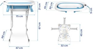 Ricokids Wanienka składana dla dzieci, niemowląt ze stelażem, termometrem i wkładką RK-287 biało-niebieska 15